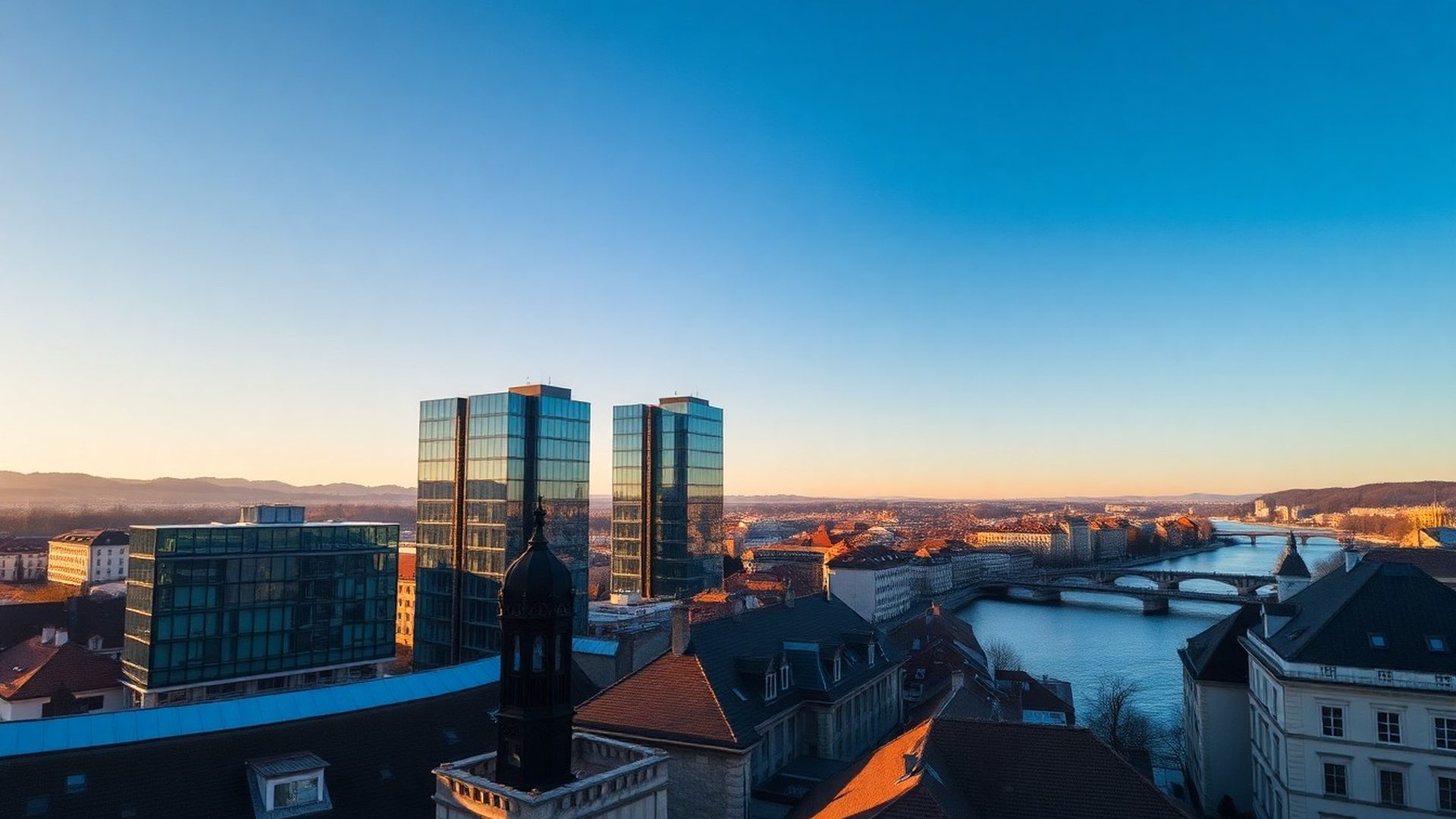 Panorama Ljubljane v zlati uri, moderni pisarniški objekti ob zgodovinskih fasadah